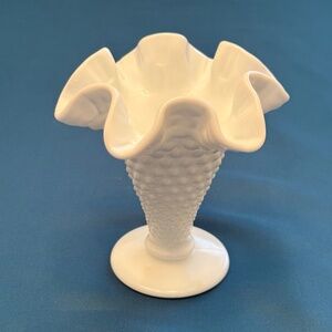 Fenton White Milk Glass Hobnail Trumpet Vase Ruffled Double Crimped Edge 4"
